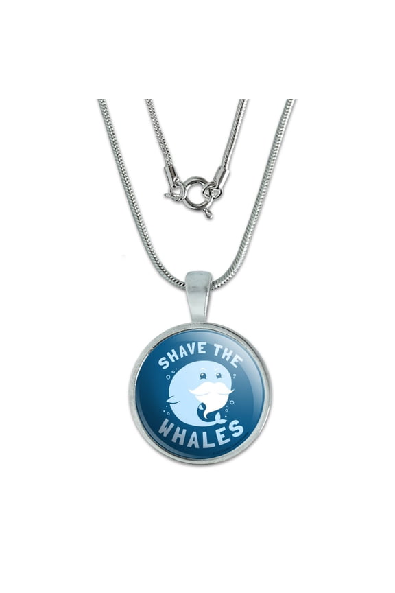 Shave the Whales Save Mustache Beard Funny Humor 0.75" Pendant with Sterling Silver Plated Chain
