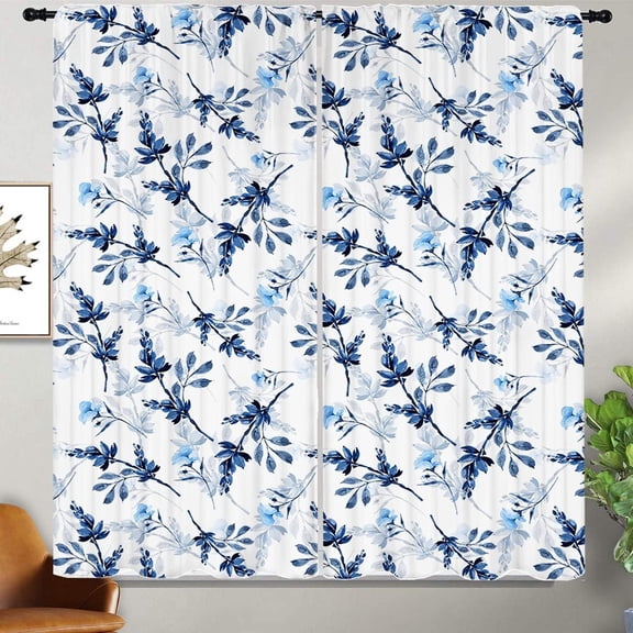 Blue Floral Plants Curtains 42Wx63H Inch Rod Pocket for Bedroom Navy Blue Watercolor Leaf Plants Floral Window Treatments Decorative for Living Room Drapes 2 Panels