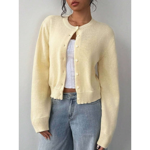 Cozy Cream Knit Button-Up Cardigan (S, LightYellow)