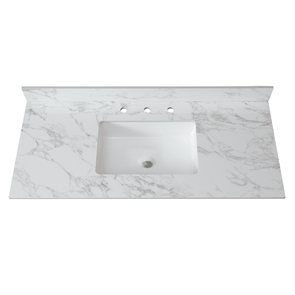 49"x22"Bathroom Vanity Top,sintered stone carra white Barthroom Vanity Sink Tops with Rectangular Undermount Ceramic Sink with Vanity Backsplash, Three Faucet Hole Bathroom Vanity Countertop