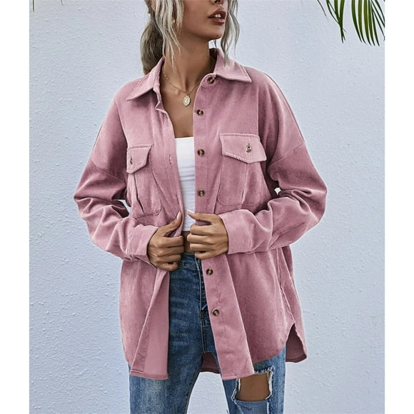 Pavied Jackets for Women,Denim Jacket,Women's Corduroy Lapel Single Breasted Shirt Long Sleeve Loose Casual Coat,Shackets for Women,Long Sleeve Tops,Fall Outfits,Red M