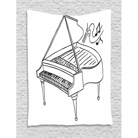 Outline Music Note Music Note Tapestry, Monochrome Style Outline Drawing of a Piano on a Plain Background, Wall Hanging for Bedroom Living Room Dorm Decor, Charcoal Grey and White, by Ambesonne ()