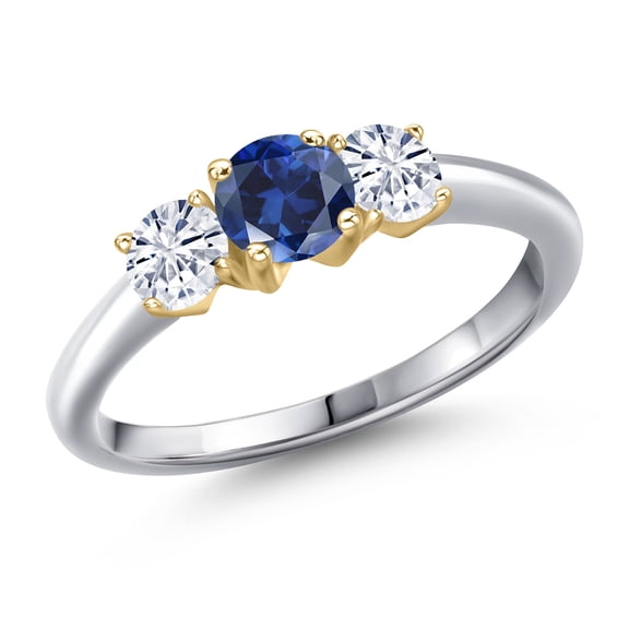 Gem Stone King 925 Silver and 10K Yellow Gold Blue Created Sapphire and White Moissanite Engagement Ring for Women | 1.06 Cttw | Round 5MM | Gemstone September Birthstone | Size 9