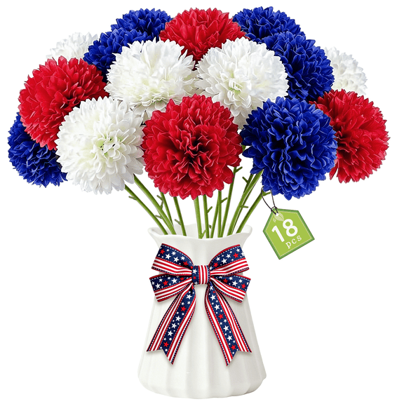 Scidweet 18PCS Artificial Memorial Day Flowers, Fake Flowers Ball Chrysanthemum Bouquet for Cemetery Patriotic 4th of July Outdoor Indoor Home Office Tables Decorations, Red White Blue