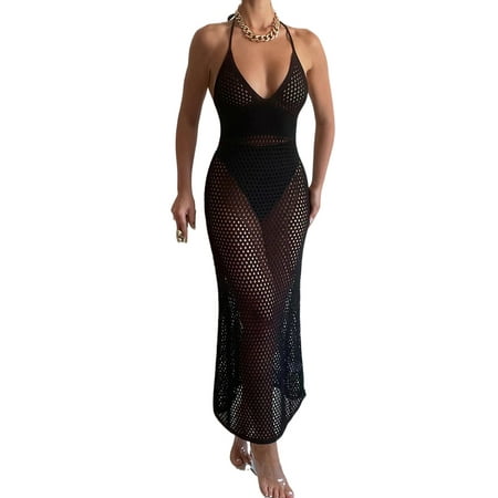 Thaisu Women Knitted Bikini Cover Ups Summer Crochet Cutout Sheer Sleeveless Halterneck Dress for Beach Bathing Suit