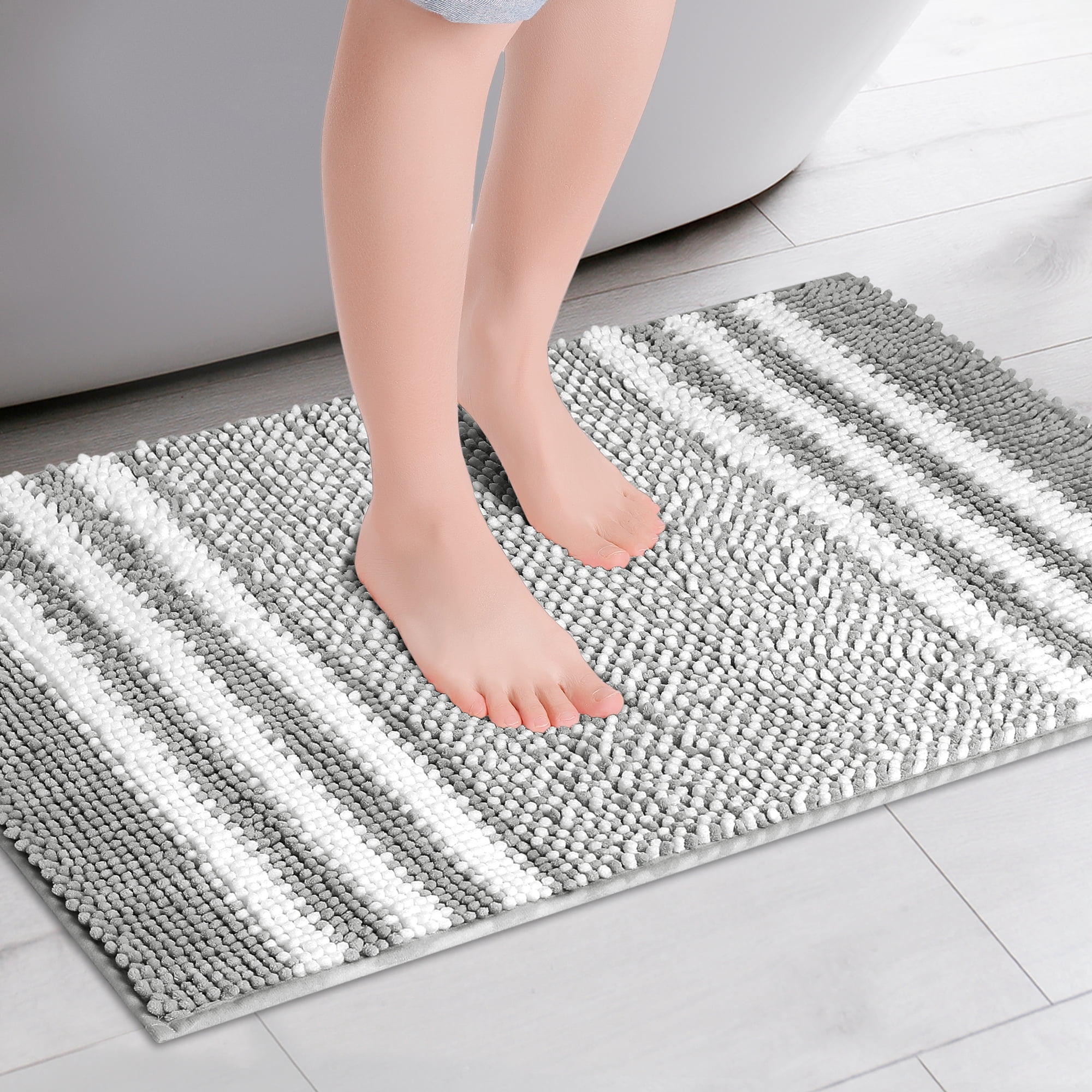 Unique Bargains Striped Chenille Bathroom Rug with Edges Non-Slip Bathroom Floor Mat Dark Gray 20" x 32"