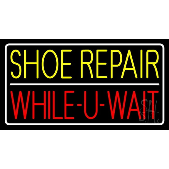 Yellow Shoe Repair Red While You Wait LED Neon Sign 20 x 37 - inches, Black Square Cut Acrylic Backing, with Dimmer - Bright and Premium built indoor LED Neon Sign for store Décor, Storefront.