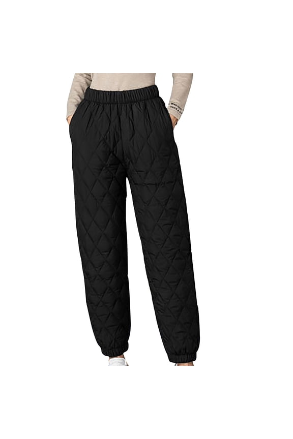 Women's Lightweight Puffy Pants Warm Fleece Lined Insulated Puffer Quilted Pants Fashion High Waisted Ankle Binding Oversized Warm Pants Black