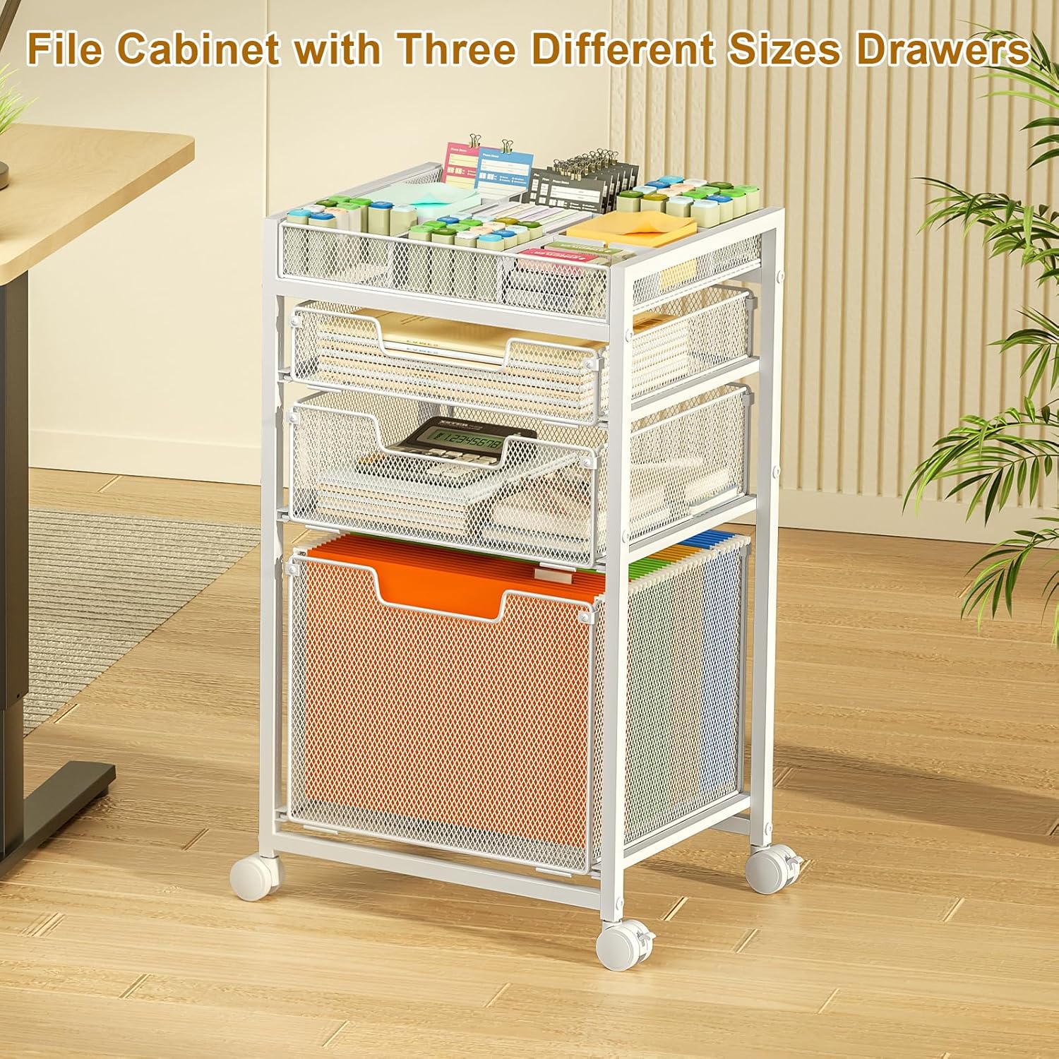 Rolling File Cart with 3 Storage Drawers, Under Desk Filing Cabinet with DIY Divider, Hanging File Folder Organizer on Wheels, Fits A4/Letter Size, Metal Utility Cart for Home Office