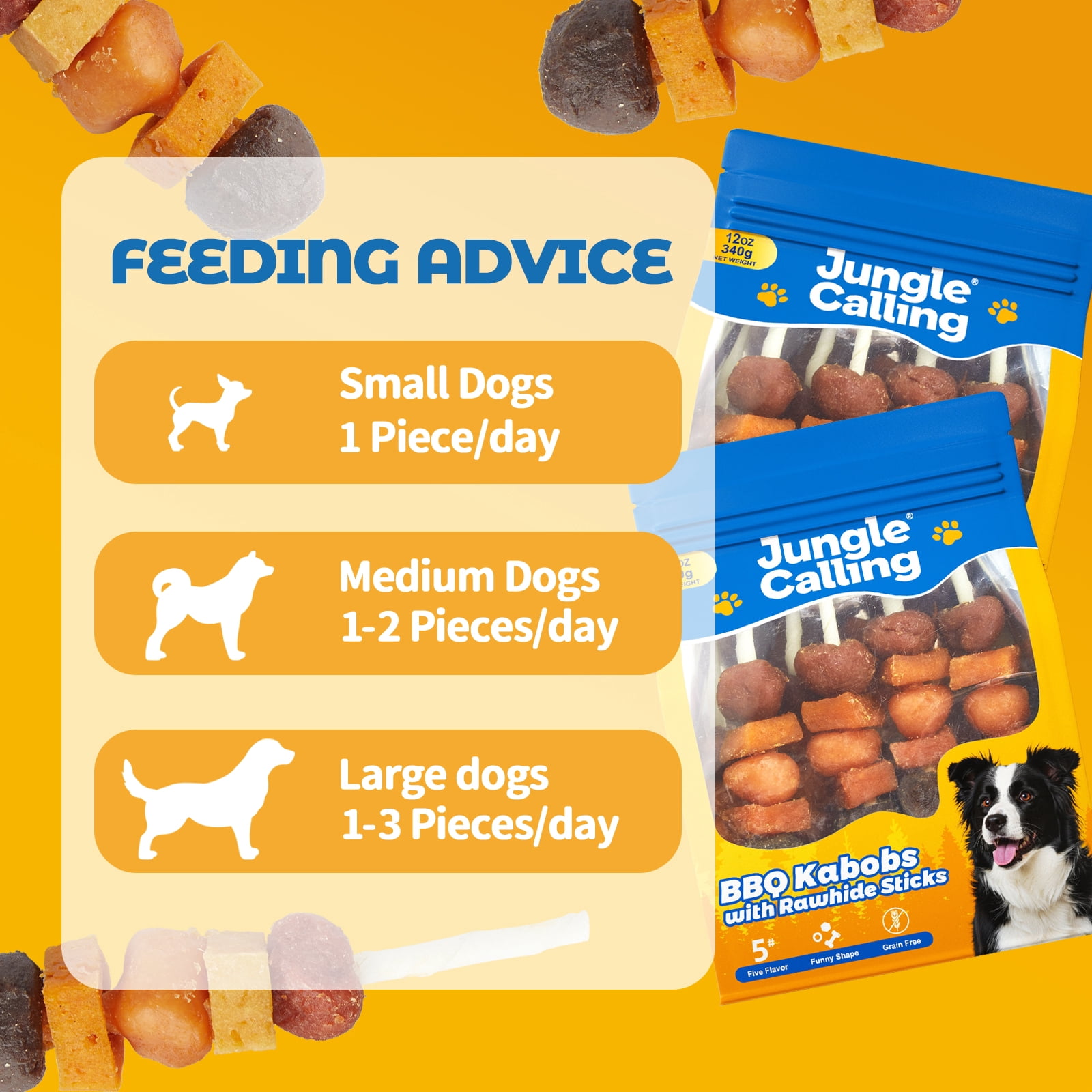 (2 pack) Jungle Calling Dog Treats, Snacks BBQ Kabobs, Chicken,Duck, Beef, Sweet Potato & Pumpkin,Rawhide Sticks 12 oz