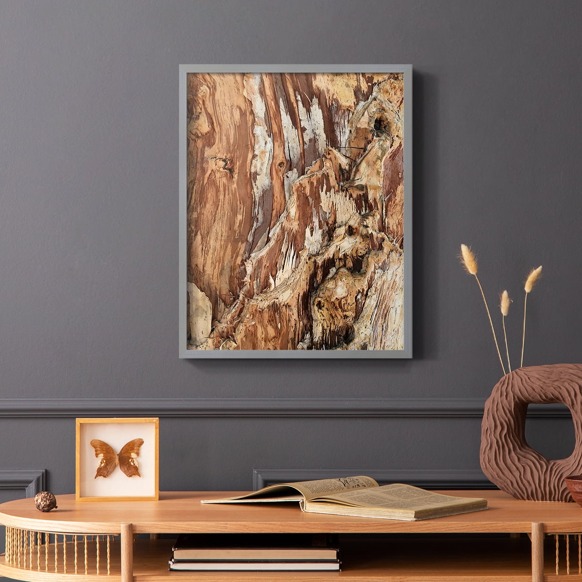 Tree Texture Triptych I Framed Print in Gray Solid Wood Framed Print No Nail Hanging