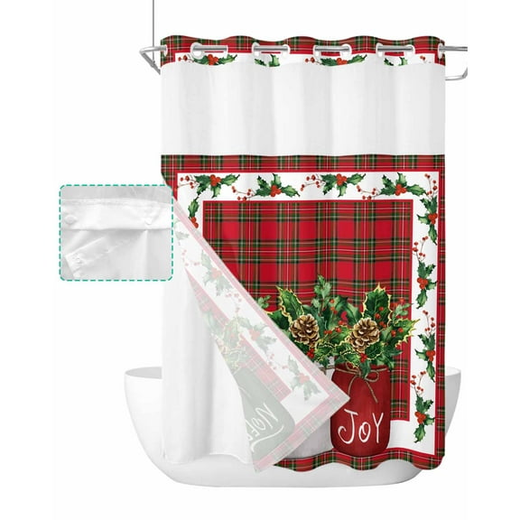 No Hook Shower Curtain with Snap in Liner, Christmas Vase with Holly Tree Berry Red Green Plaid Hotel Shower Curtains for Bathroom, Washable Shower Curtain Liner Set with Mesh Top Window, 72"x84"