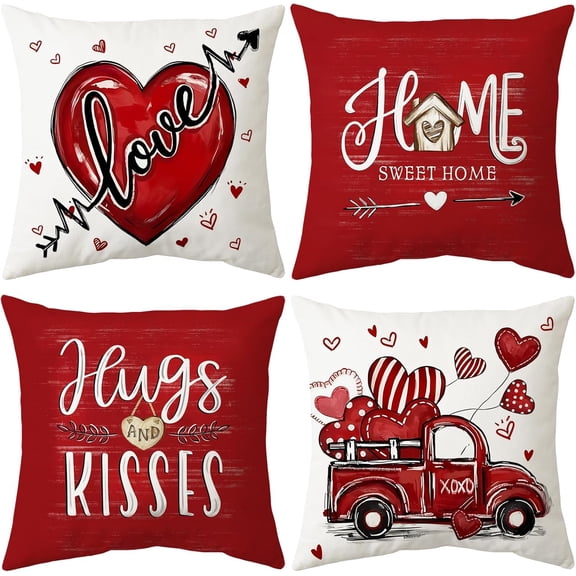 Valentine''s Day Red Pillow Covers 18 x 18 Inch Set of 4 Love Truck Valentine Deco Pillowcases for Home Sofa Couch Cushion Decoration