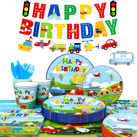 Fournitures d'Anniversaire de Transport, 190 Pcs Autobus Voiture Train Vaisselle de Fête - Bannière Bleue Nappe Assiettes Serviette Etc. Fournitures de Fête