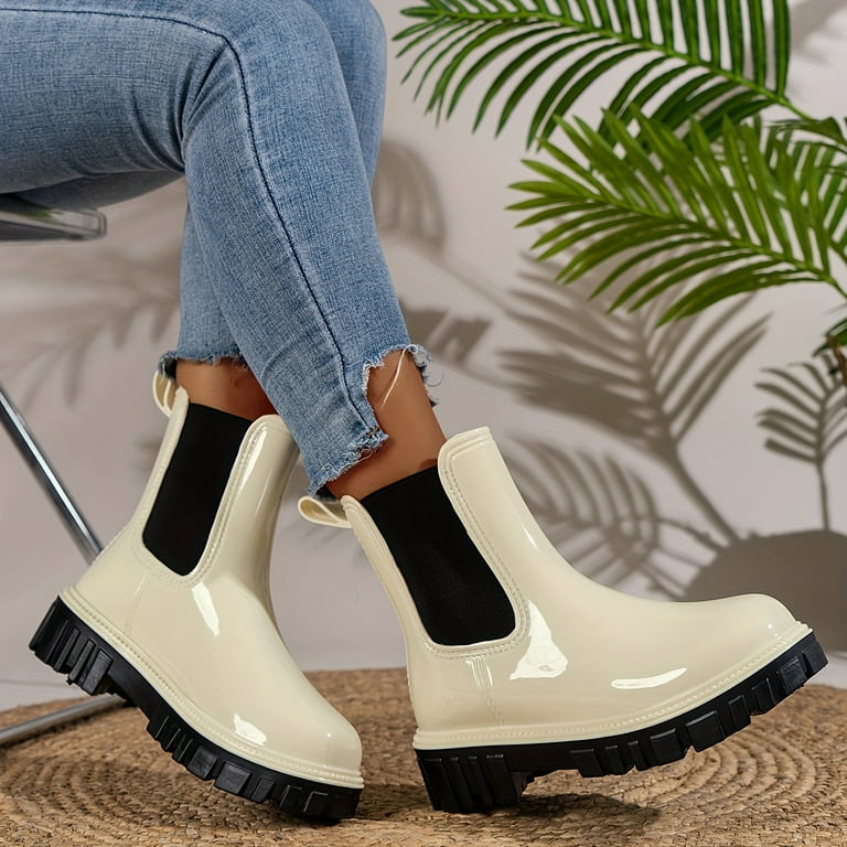 ASWMXR Carnaval Women s Chunky Heel Rain Boots Fashion Slip On Combat Boots Comfortable Stretch Fabric Sided Boots