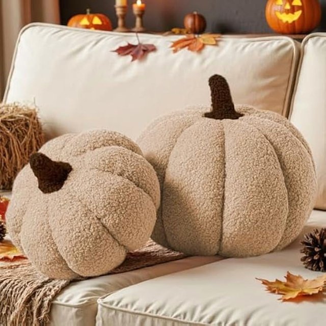 wonima44 Fall Pumpkin Pillows Set of 2, Halloween Decoration Plush Throw Pillows Soft Fleece Sherpa Cute 3D Shaped Cushion for Sofa Couch Bedroom Autumn Thanksgiving (Beige, 12.6x8.7in & 9x5.9in)