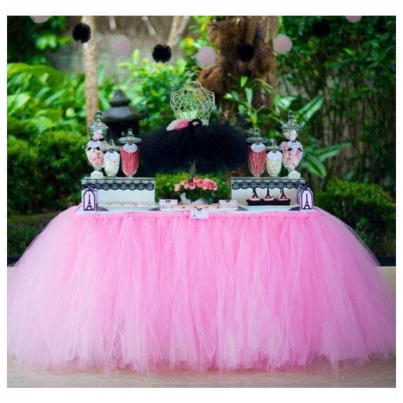 PiccoCasa Tutu Table Skirt Red Pink Tulle Table Skirt 4.7 Yards Fluffy Table Skirting for Party Birthday Wedding Cake Table Decoration L14 ft xH30in/1427x76cm