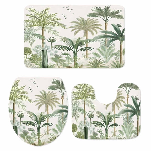 Green Palm Trees Bath Mat 3 Piece Bathroom Rug Set, Farmhouse Summer Leaves Plants Birds Non Slip Bath Rug Contour Mat and Toilet Lid Cover, Absorbent Shower Mats Soft Bath Rugs and Mats Sets