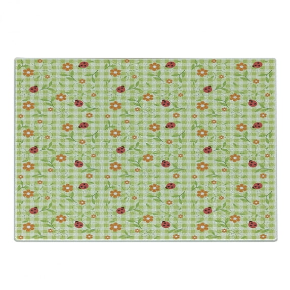 Floral Cutting Board, Flowers Ladybugs Leaves on Summer Striped Background Motif, Decorative Tempered Glass Cutting and Serving Board, Small Size, Lime Green Orange Red, by Ambesonne