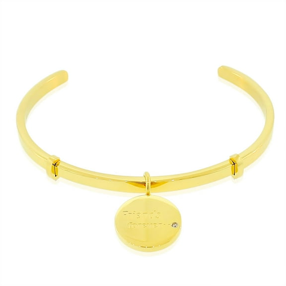 EDFORCE Stainless Steel Yellow Gold-Tone CZ Friends Forever Open End Bangle Bracelet