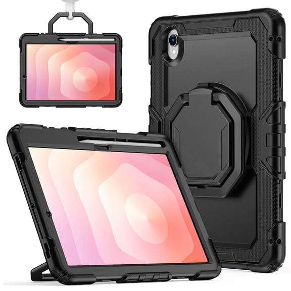for Samsung Galaxy Tab S11 Case 11 inch, 360 Rotating Shockproof Cover with Stand, Handle, Shoulder Strap (SM-X730/X736B), Black