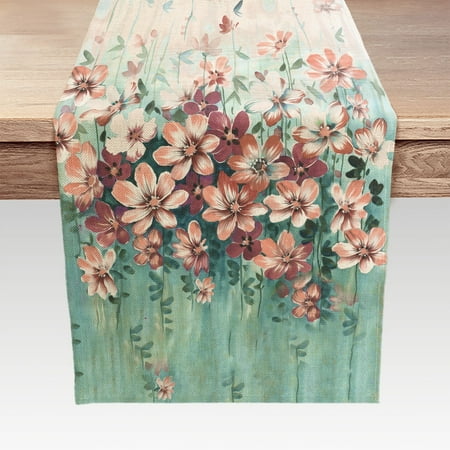 

Farmhouse Floral Table Runner 13 X72 Watercolor Flower Vintage Teal Linen Table Decor for Kitchen Dining Room Coffee Table