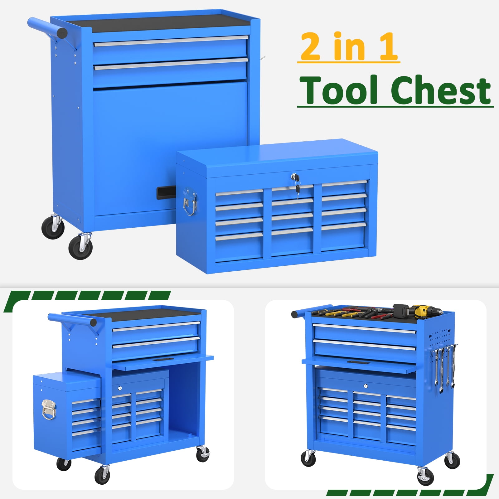 Odaof 8-Drawer Rolling Tool Chest on Wheels with Drawers Locking Toolbox Organizer for Mechanics Garage Workshop Blue