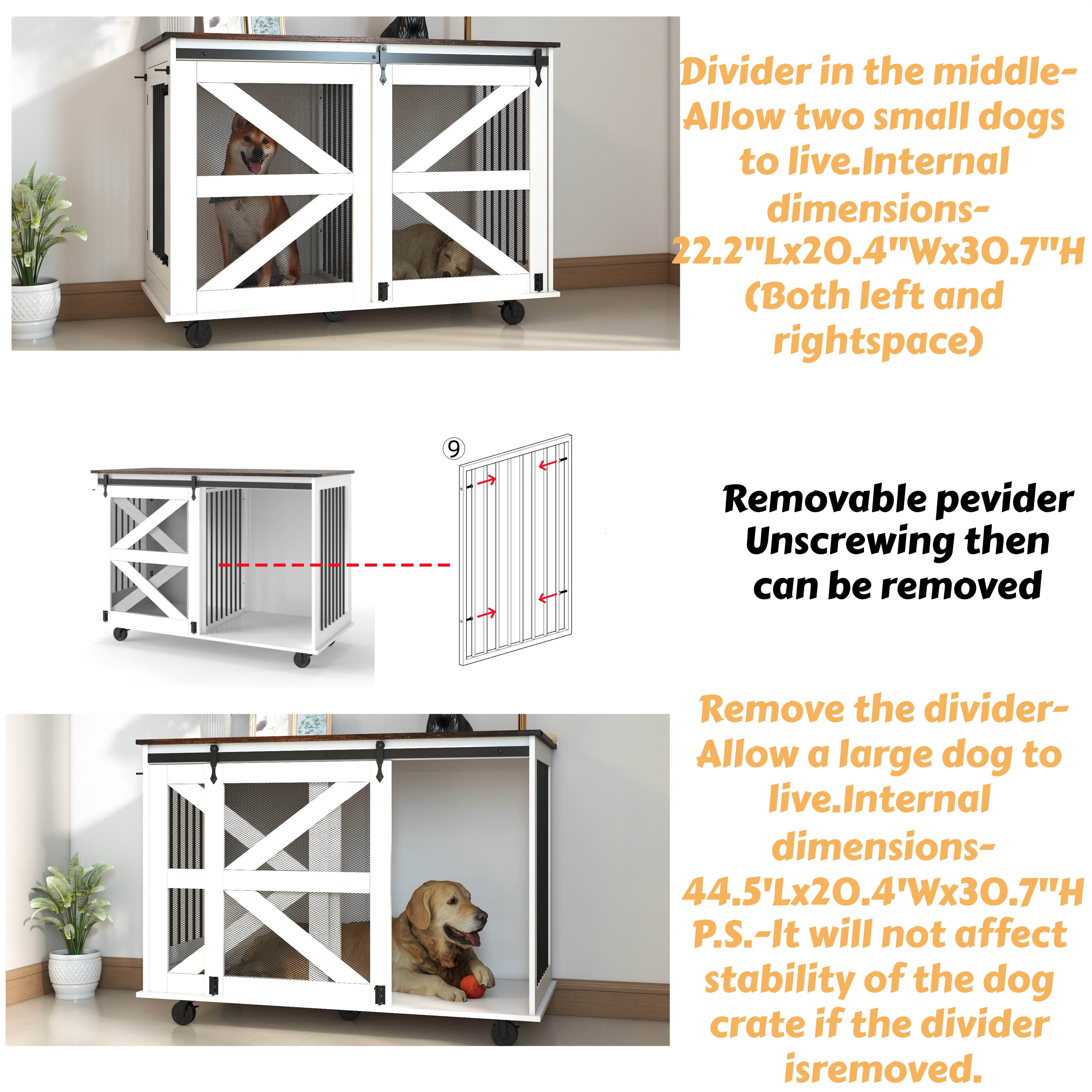 47.2" Mobile Dog Crate with Flip-Top Feeding Door, Dual-Access & 5 Caster System (2 Locking), Side Hooks - Multi-Functional Pet Kennel,double dog crate furniture