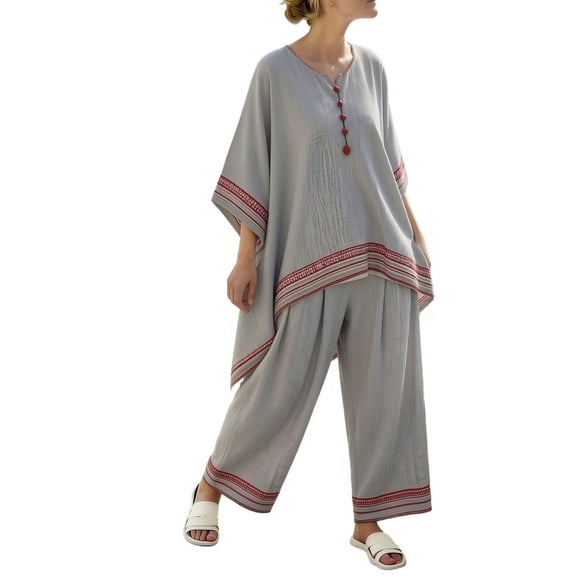 Guluxicc 2 Piece Women's Matching Sets Crew Neck Batwing Sleeve Top Stripe Print Wide Leg Pants with Pockets Casual Outfits