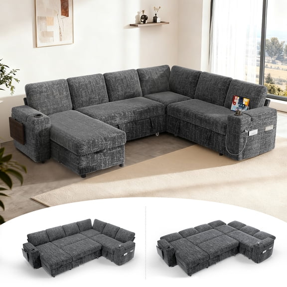 110" Modular Sectional Sleeper Sofa with Pull Out Bed, L-Shaped 7-Seater Couch with Hidden Storage, Cup Holders & USB Charging Ports, Tool-Free Assembly for Living Room