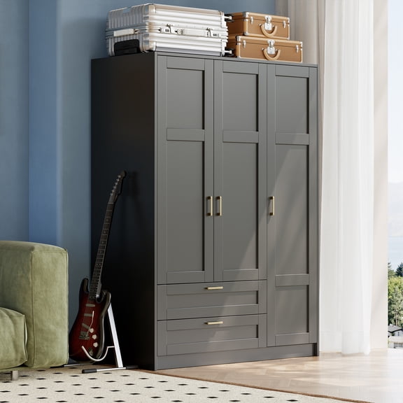 3 Doors Wooden Wardrobe Closet with 2 Drawers, Morden Wardrobe Armoire with Doors and Shelves, Standing Closet Cabinet for Hanging Clothes, Large Capacity Storage Cabinet for Bedroom, Black