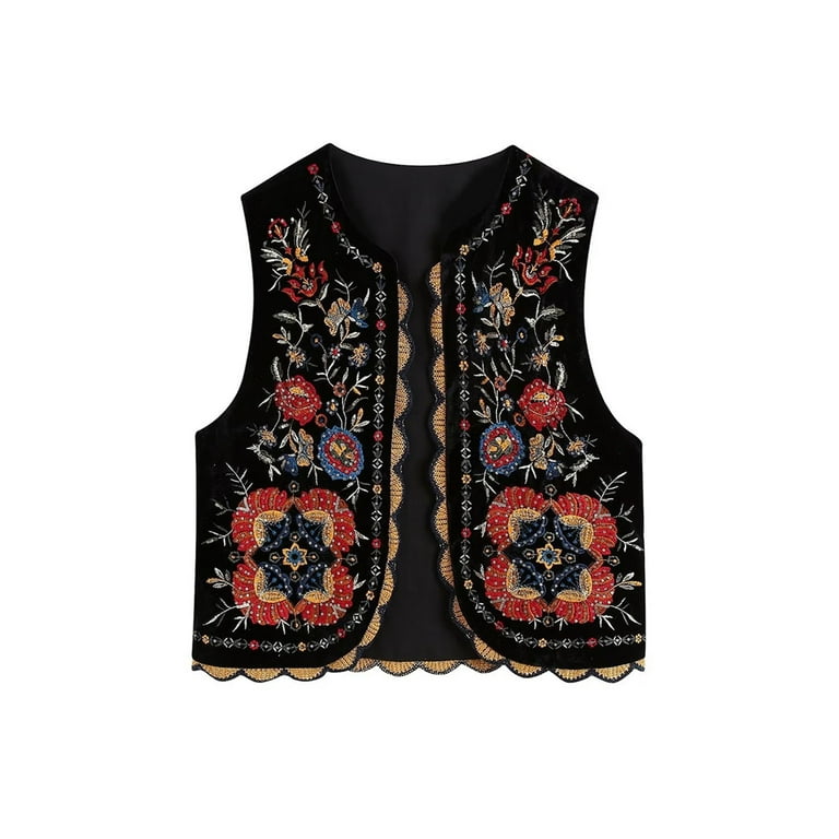 Black Floral Embroidered Bohemian Multicolored Tunic Vest newest Womens