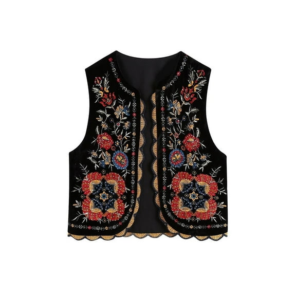 Rdhnmea Floral Embroidered Vest for Women Boho Vintage Sleeveless Open Front Cardigan Shirt Trendy Waistcoat Outwear Gilet Streetwear