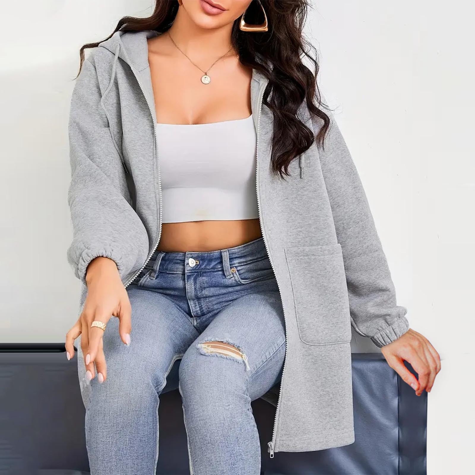 Fmbrln Sweat à Capuche à Fermeture à Glissière Pour Femmes Automne Hiver Manches Longues Surdimensionné Vestes Tendance Couleur Unie Avec Poches