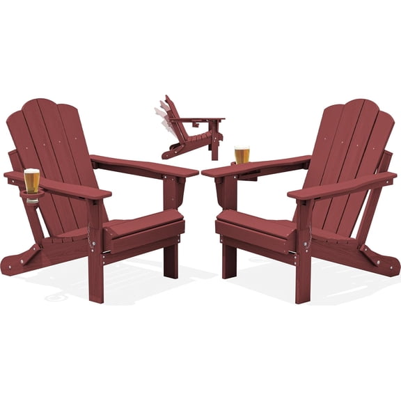 Adjustable Folding Adirondack Chair Set of 2, 3-Position Reclining Adirondack Chairs with Cup Holder, HDPE All-Weather Oversized Adirondack for Outdoor, Patio, Backyard Deck, Fire Pit, Red