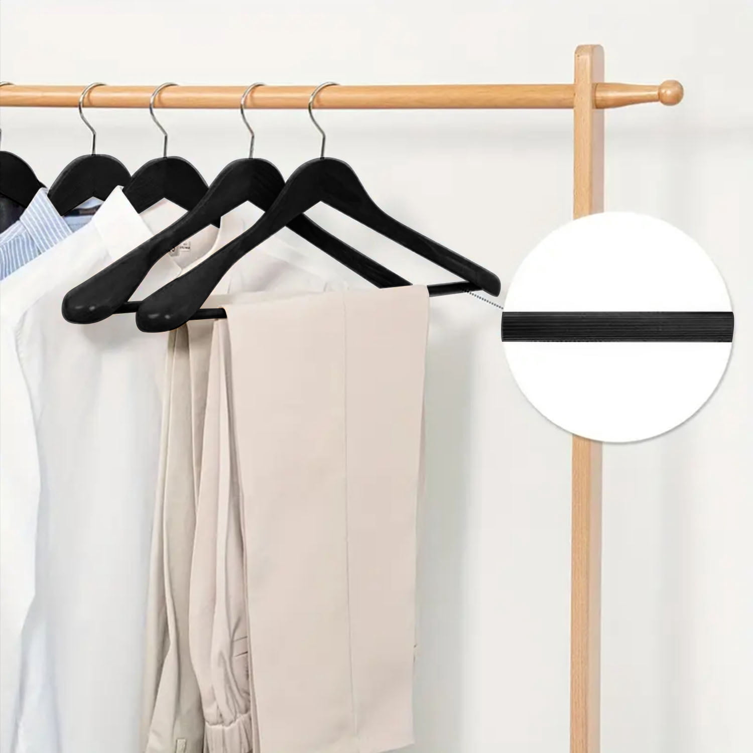 BagDream 8 Pack Wide Shoulder Wooden Suit Hangers with Non Slip Pants Bar, Solid Wood Jacket Clothes Hangers Smooth Finish for Sweater, Pants, Heavy Clothes, Black