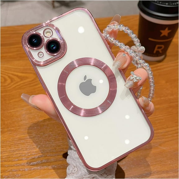 for iPhone 14 Case Clear with MagSafe Full Protection Case Compatible with Camera Lens Protector Elegant Anti-Scratch Case Cover 6.1 Inch - Pink