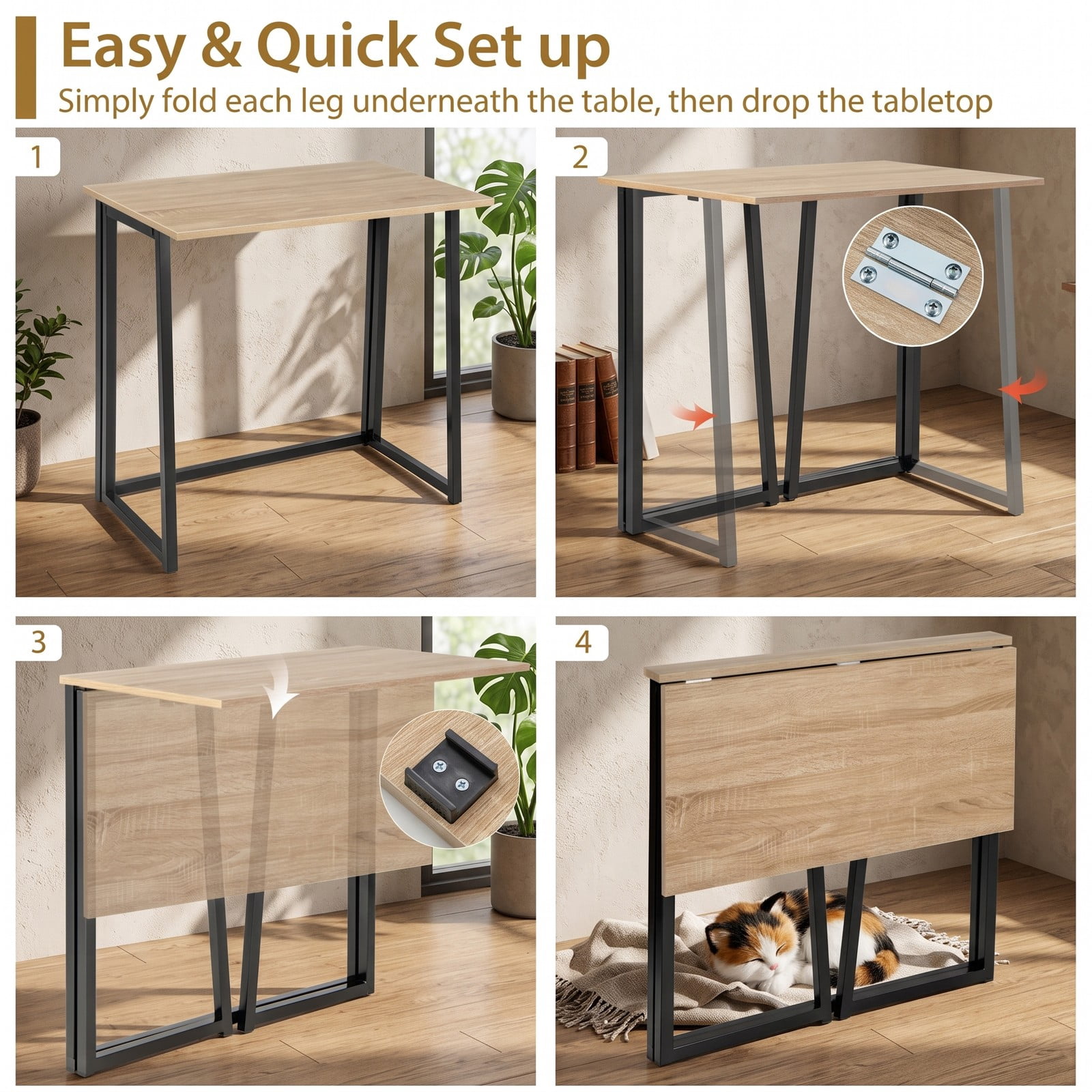 Furnibear Folding Computer Desk 31 Inch Small Desk for Home Office, Space-Saving Writing Study Desk with Metal Frame, Natural