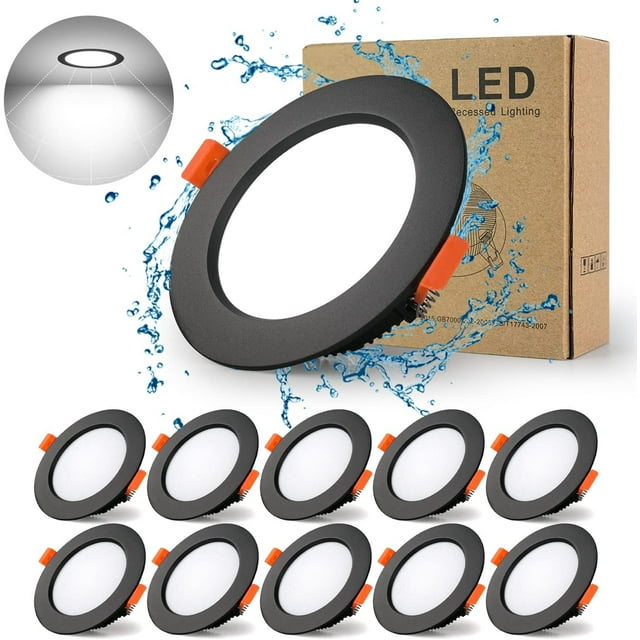 Foco Led Empotrable Negro Extra Plano, Paquete De 10 7W 700Lm = 70W Incandescente, Ip44, Blanco Frío 6000K, CA 220-240V, Recorte 80-90Mm, Techo Empotrable Redondo Ultradelgado para Baño, Cocina, Sala