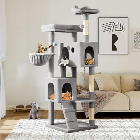 64 Inches Cat Tree Tower/Multi-Level Activity Center for Indoor Big Felines/2 Plush Condos/2 Perchs/Basket/House/Sisal Scratching Posts/Hanging Cat Toys/Grey