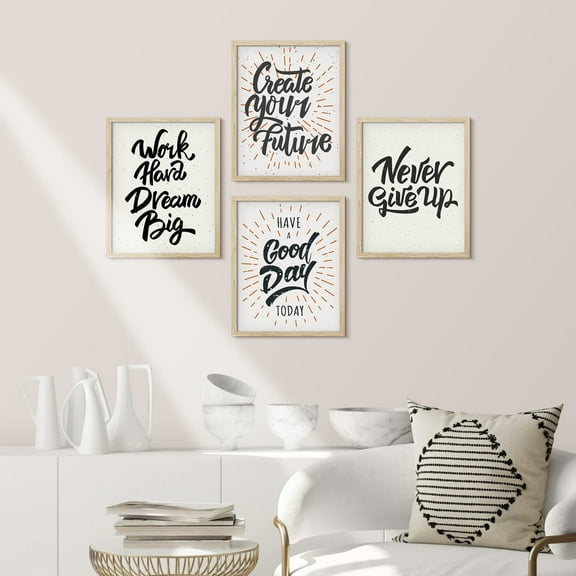 PixonSign Framed Wall Art Stylish Good Day Inspirational Collection Posters, Set of 4 Typography Words Illustrations Wall Decor, Adhesive Canvas Prints for Home Decor - 8"x10" Natural