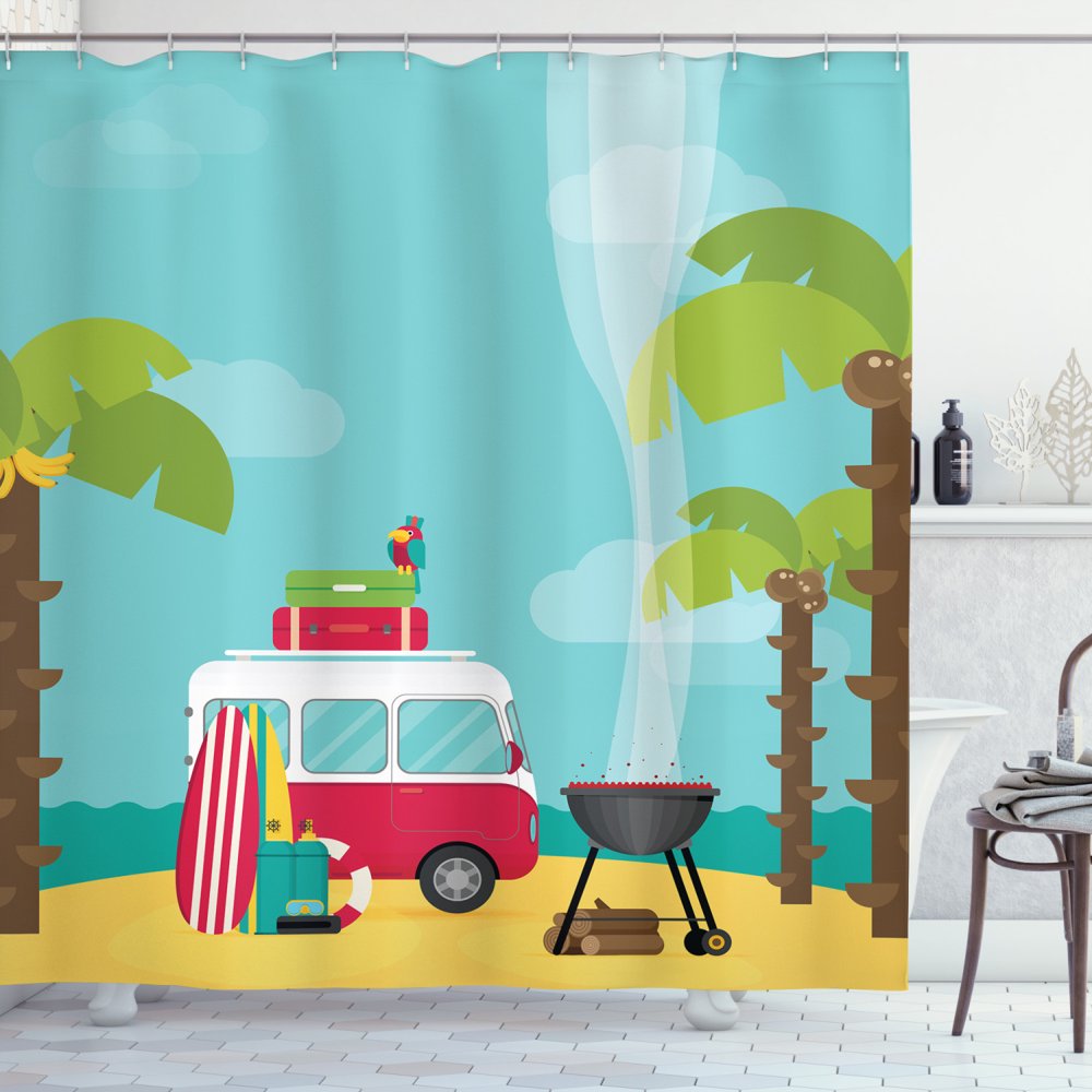 Explore Shower Curtain, Caravan Camping with Barbeque and Surf Boards