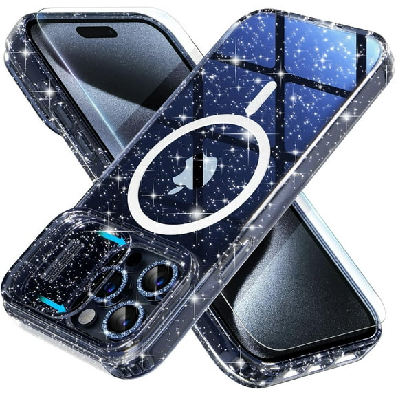 Magnetic Case for iPhone 15 Pro Max Case, Women Clear Glitter Sparkly Case, [Slide Camera Cover [Compatible MagSafe] (Glitter Blue)