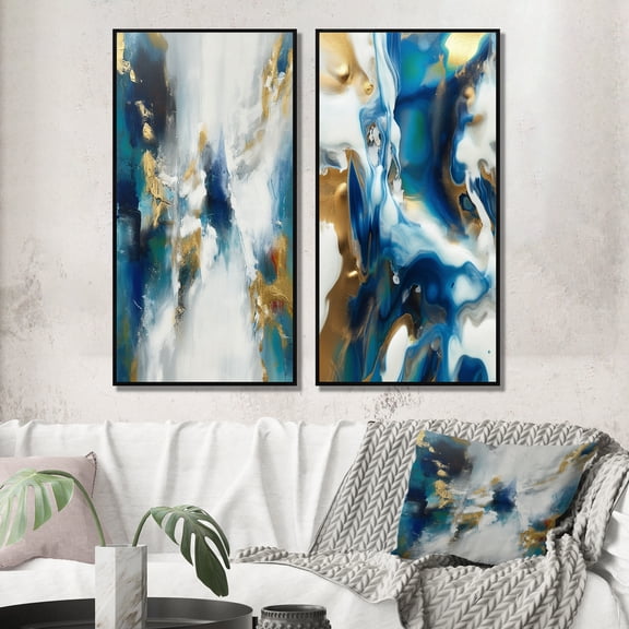 Designart "Transcendental Blues Abstract in Blue and Gold I" Abstract Painting Framed Wall Art Set Of 2 - Modern Gold Gallery Wall Frame Set For Home Decor