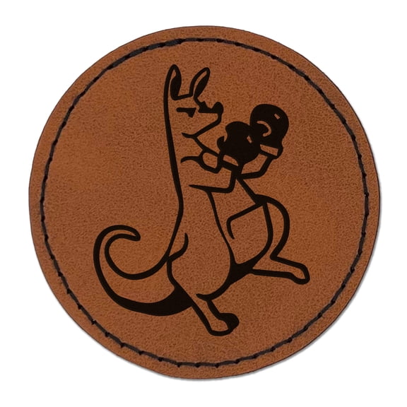 Aggressive Kangaroo Boxing Gloves 2.5" Faux Leather Round Engraved Iron-On Patch - Brown