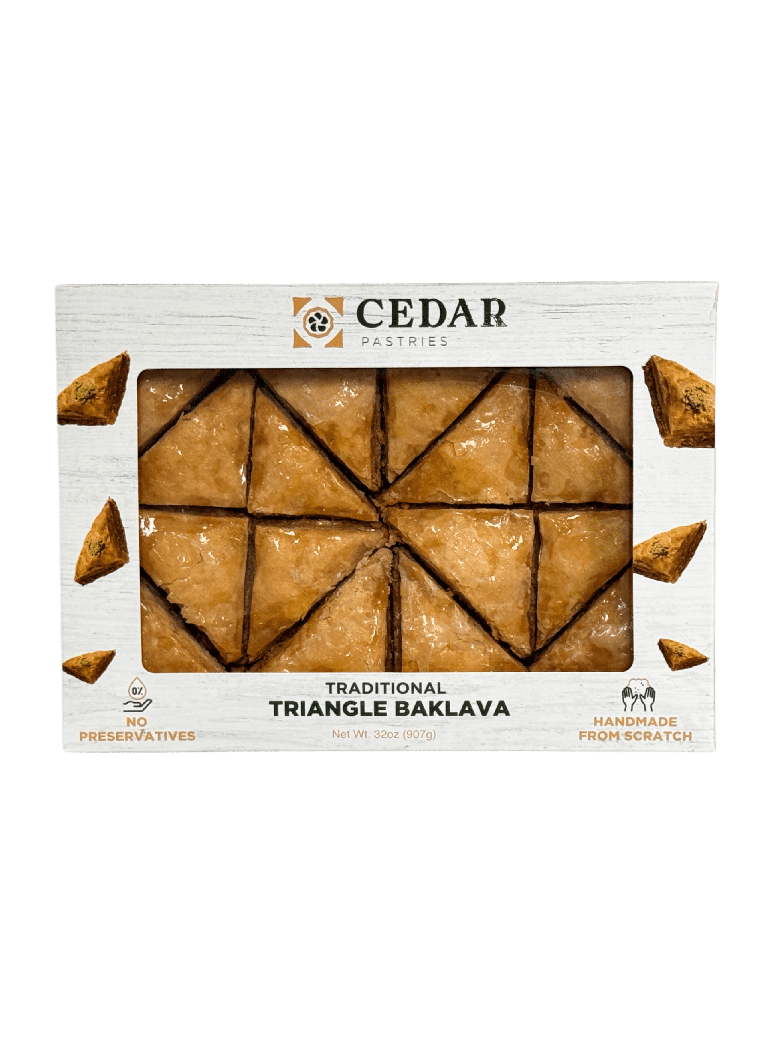 Cedar Pastries 32 oz Triangle Baklava – Mediterranean Phyllo Pastry Dessert with Cashews, Almonds & Walnuts