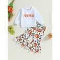 thumbnail image 2 of Lamuusaa Kid Girls Pants Set, Letters Print Sweatshirt with Pumpkin Print Flare Pants Halloween Clothes, 2 of 8