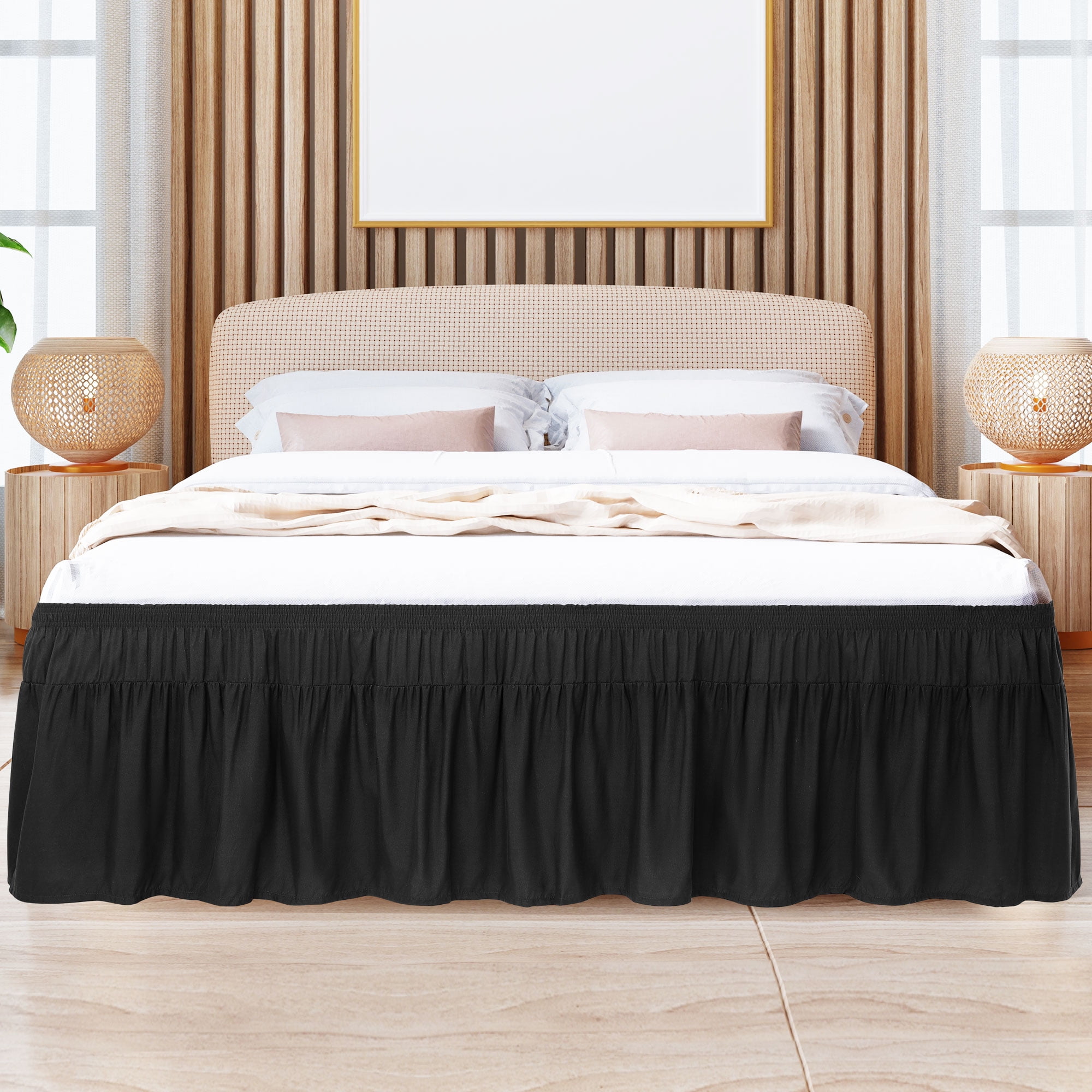 PiccoCasa Polyester Brushed Bed Skirt with Elastic Dust Ruffles 16" Drop, Queen Black
