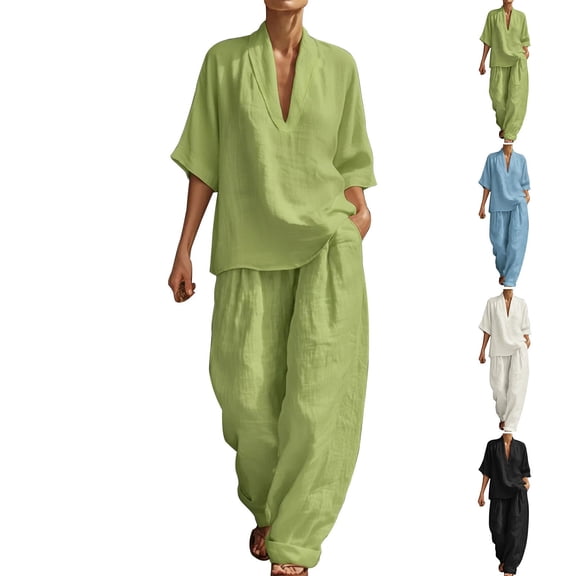 Women's Two Piece Set, Loose Fit Short Sleeve Top and Elastic Waist Wide Leg Pants, Matching Linen Blend Loungewear Set, Casual Outfits for Women, Vacation and Beach Cover Up-Black