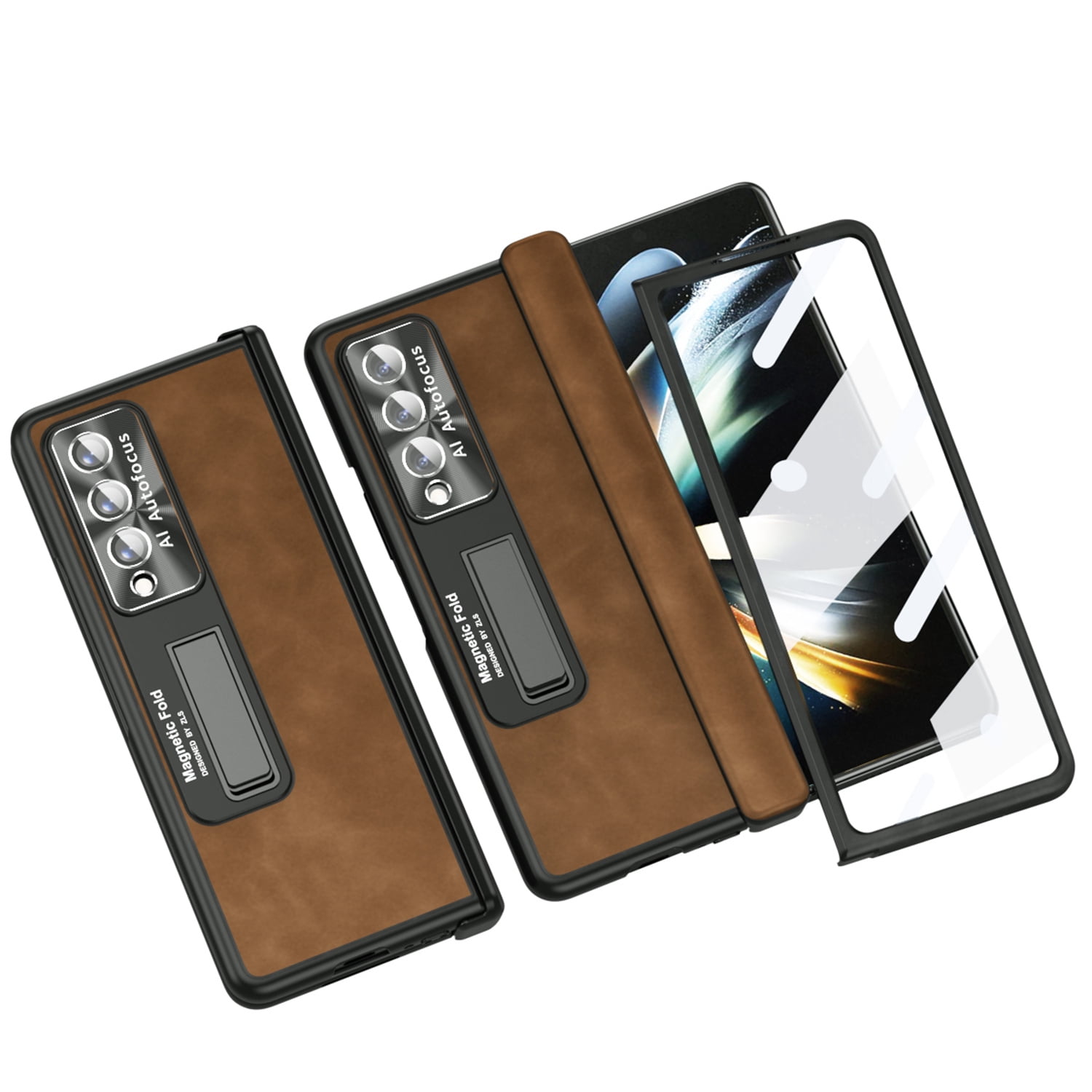 Tarise All-inclusive Cover Case for Samsung Galaxy Z Fold 4 5G 2022, Wireless Charging Camera Lens Protector Screen Protector Magnetic Hinge Protection Drop-Proof Shockproof Kickstand Case, Brown